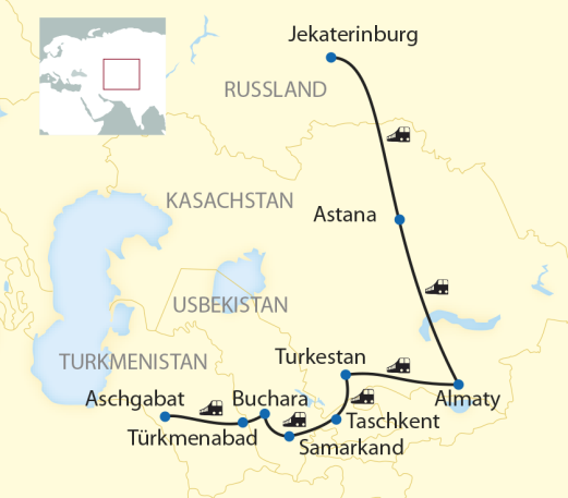 Route: 20-tägige Individualreise im Linienzug durch Russland, Kasachstan, Usbekistan und Turkmenistan Route: 20-tägige Individualreise im Linienzug durch Russland, Kasachstan, Usbekistan und Turkmenistan
