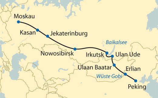 Verlaufskarte: Zarengold-Sonderzugreise: Auf der Transsibirischen Eisenbahn von Peking nach Moskau (Hauptreise 2013)