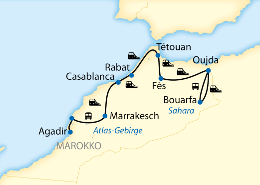 Reiseroute: 10-tägige Sonderzugreise durch Marokko mit 5-tägiger Fahrt im legendären Oriental Desert Express