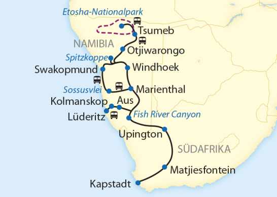 Route: 16-tägige Sonderzugreise zwischen Namibia und Kapstadt