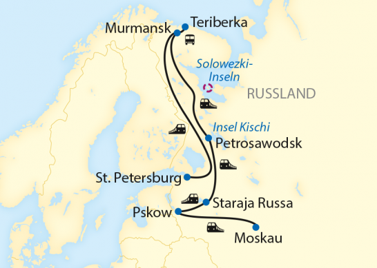 Reiseroute: 13-tägige Sonderzugreise ab Moskau über Murmansk nach St. Petersburg