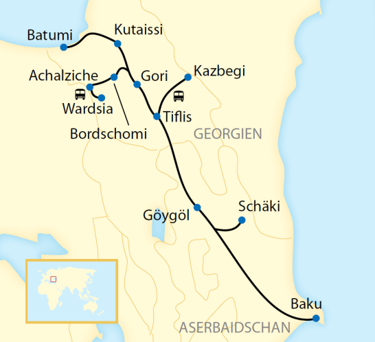 Reiseroute: 11-tägige Sonderzugreise durch Aserbaidschan und Georgien