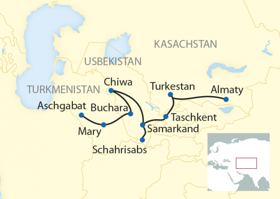 Route: 14-tägige Sonderzugreise von Kasachstan durch Usbekistan nach Turkmenistan