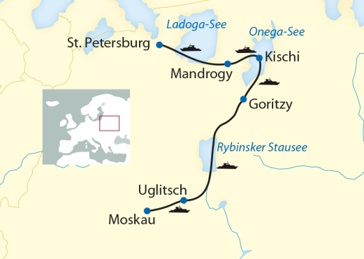 Route: 12-tägige Erlebnisreise mit 8-tägiger Flusskreuzfahrt von Moskau nach St. Petersburg Route: 12-tägige Erlebnisreise mit 8-tägiger Flusskreuzfahrt von Moskau nach St. Petersburg