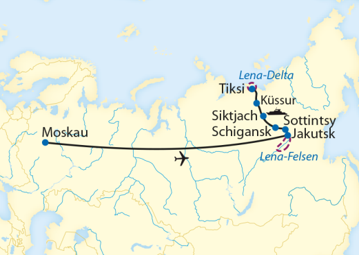 Route: 16-tägige Flussfahrt über den Polarkreis von Jakutsk durch das Lena-Delta Route: 16-tägige Flussfahrt über den Polarkreis von Jakutsk durch das Lena-Delta