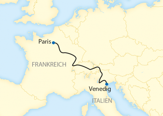 Reiseroute: 2-tägige Sonderzugreise mit dem Venice Simplon-Orient-Express von Paris nach Venedig oder von Venedig nach Paris