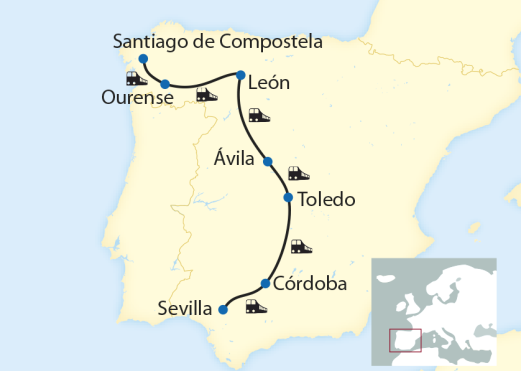 Reiseroute: 9-tägige Sonderzugreise durch Spanien - Von Santiago de Compostela nach Sevilla