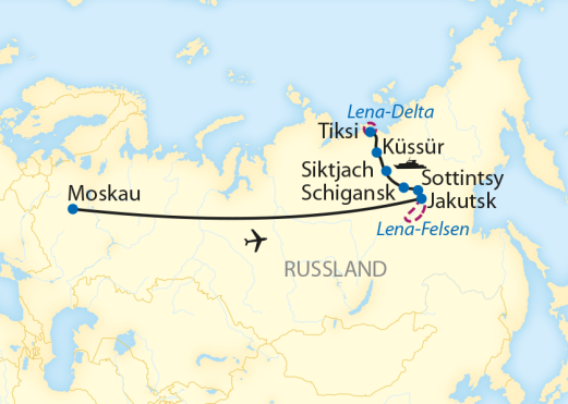 Route: 16-tägige Flusskreuzfahrt in Russland von Jakutsk über den Polarkreis bis zum Lena-Delta Route: 16-tägige Flusskreuzfahrt in Russland von Jakutsk über den Polarkreis bis zum Lena-Delta