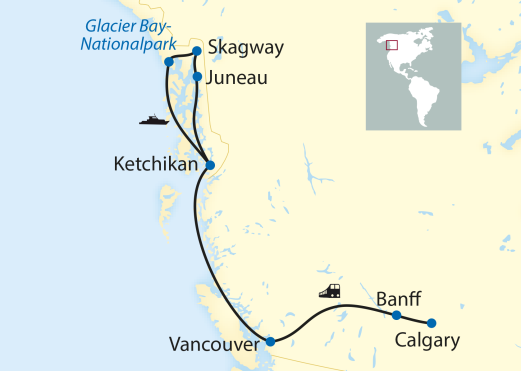 14-tägige Kreuzfahrt per Zug und Schiff durch Kanada und Alaska 14-tägige Kreuzfahrt per Zug und Schiff
durch Kanada und Alaska
