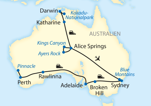 20-tägige Zug-Erlebnisreise quer durch Australien im Ghan und im Indian Pacific 20-tägige Zug-Erlebnisreise quer durch Australien im Ghan und im Indian Pacific
