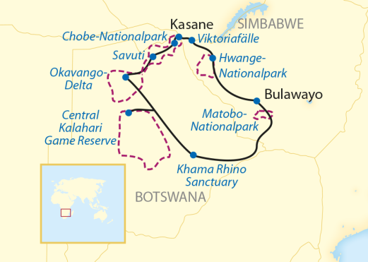 Karte Ruf der Wildnis Simbabwe und-Botswana