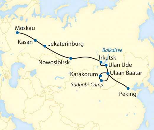 Reiseroute: 23-tägige Sonderzugreise von Moskau in die Mongolei und weiter mit dem Linienzug nach Peking