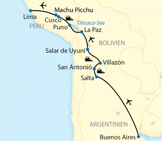 Reiseroute: 19-tägige Zug-Erlebnisreise durch Argentinien, Bolivien und Peru
