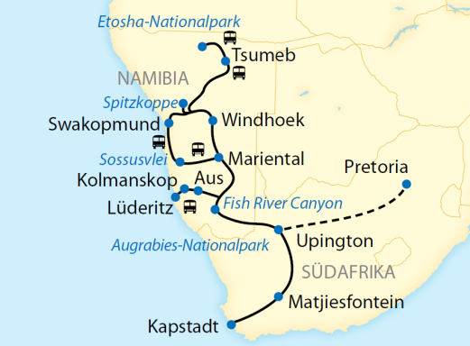 Reiseroute: 16-tägige Sonderzugreise von Kapstadt nach Namibia im African Explorer – bekannt aus der ARD-Fernsehserie Verrückt nach Zug. Reiseroute: 16-tägige Sonderzugreise von Kapstadt nach Namibia im African Explorer – bekannt aus der ARD-Fernsehserie Verrückt nach Zug.