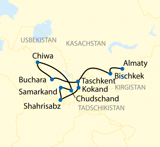 Reiseverlauf: 16-tägige Sonderzugreise durch Kasachstan, Kirgistan, Tadschikistan und Usbekistan