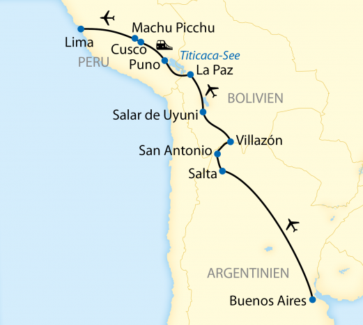 Reiseroute: 19-tägige Zug-Erlebnisreise durch Argentinien, Bolivien und Peru