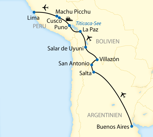 Reiseroute: 19-tägige Zug-Erlebnisreise durch Argentinien, Bolivien und Peru