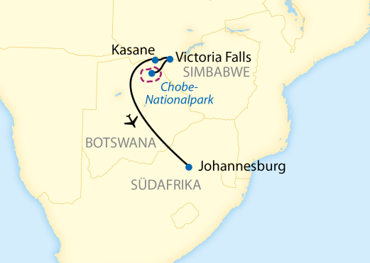 Reiseroute: 4-tägige Vor- bzw. Verlängerungsreise zum
Chobe-Nationalpark und den Viktoriafällen
(nur bei Variante Juwel der Wüste)