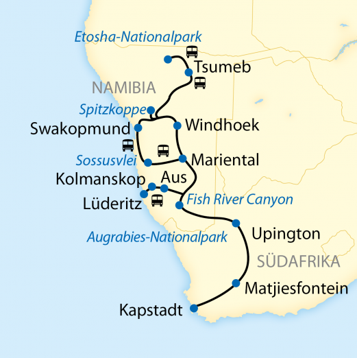 Verlauf für Ihre 16-tägige Sonderzugreise von Kapstadt nach Namibia im African Explorer