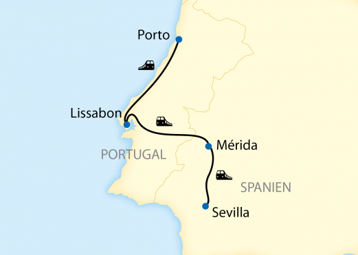 Reiseroute: 7-tägige Zug-Erlebnisreise in Spanien und Portugal mit dem Al Ándalus von Sevilla nach Porto