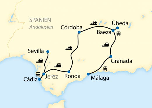 Reiseroute: 7-tägige Zug-Erlebnisreise mit dem Al Ándalus in Andalusien
