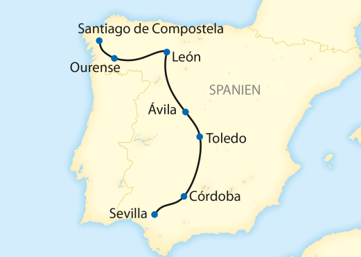 Reiseroute: 9-tägige Sonderzugreise durch Spanien - Von Sevilla nach Santiago de Compostela