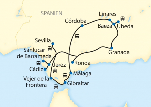 Reiseroute: 11-tägige First Class Zug-Erlebnisreise mit dem Al Ándalus durch Andalusien