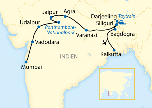 Reiseverlauf: 15-tägige Sonderzugreise mit 8-tägiger Fahrt im legendären Luxus-Zug Deccan Odyssey