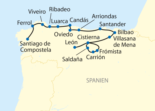 Reiseverlauf: Von León nach Santiago de Compostela: Mit dem El Transcantábrico Clásico durch das Grüne Spanien Reiseverlauf: Von León nach Santiago de Compostela: Mit dem El Transcantábrico Clásico durch das Grüne Spanien
