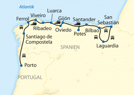 Reiseroute: 13-tägige Zug-Erlebnisreise durch Nordspanien vom Baskenland u?ber Galicien bis Porto