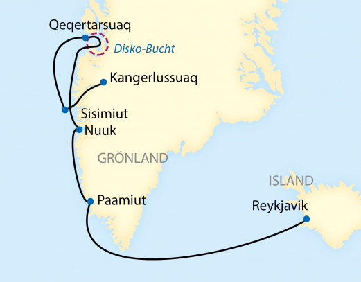 Reiseverlauf: 13-tägige Westgrönland-Expeditions-Kreuzfahrt von der Disko-Bucht bis nach Island
