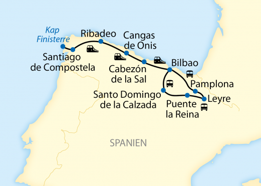 Verlauf Ihrer Spanien-Reise: 12-tägige Erlebnisreise mit dem Costa Verde Express auf den Spuren der Jakobspilger