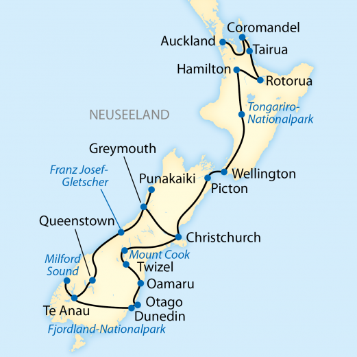 Verlauf Ihrer Reise: 22-tägige Zug-Erlebnisreise mit Zugfahrten auf Neuseelands Nord- und Südinsel