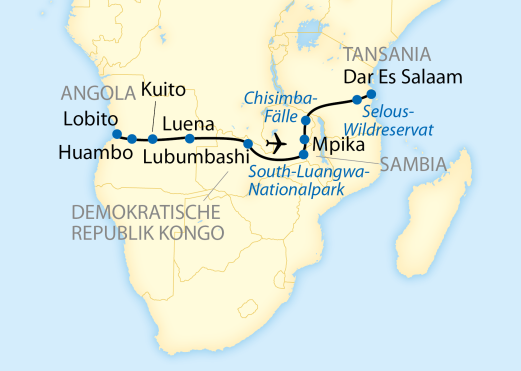 Reiseroute: 20-tägige Sonderzugreise mit Afrikas luxuriösestem Zug durch Angola, Kongo, Sambia und Tansania
