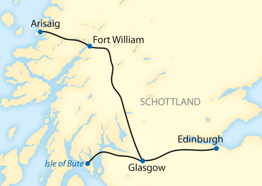 Reiseroute: 7-tägige First Class Zug-Erlebnisreise im Herzen der schottischen Highlands