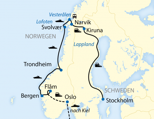 Reiseverlauf: 13-tägige Zug- und Schiffs-Erlebnisreise in Schweden und Norwegen