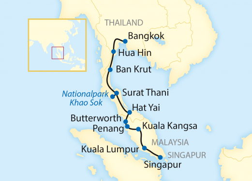 Reiseroute: 15-tägige Zug-Erlebnisreise durch Thailand über Malaysia nach Singapur