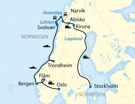 Reiseroute: 14-tägige Zug- und Schiffs-Erlebnisreise im Winter in Schweden und Norwegen
