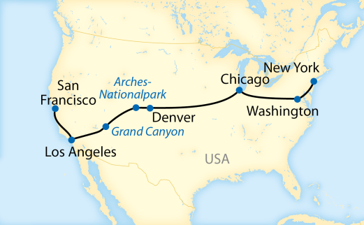 Reiseroute: 14-tägige Zug-Erlebnisreise von New York zu den Nationalparks im Wilden Westen und nach Kalifornien