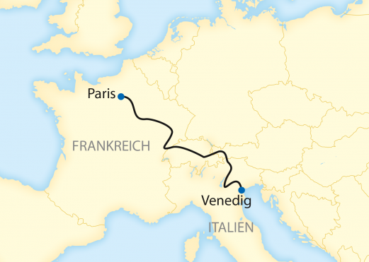 Reiseroute: 5-tägige Sonderzugreise mit dem Venice Simplon-Orient-Express von Paris nach Venedig