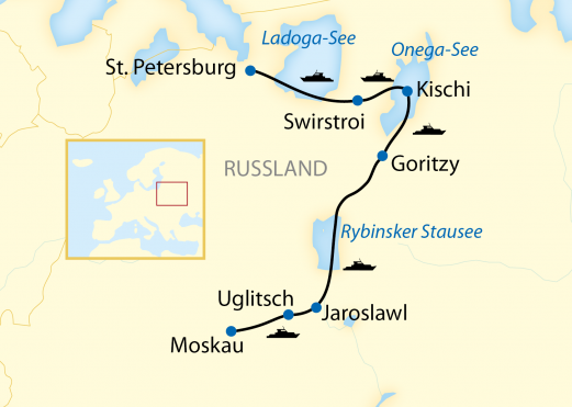 Reiseverlauf: 13-tägige Wolga-Schiffsreise durch Russland zwischen Moskau und St. Petersburg