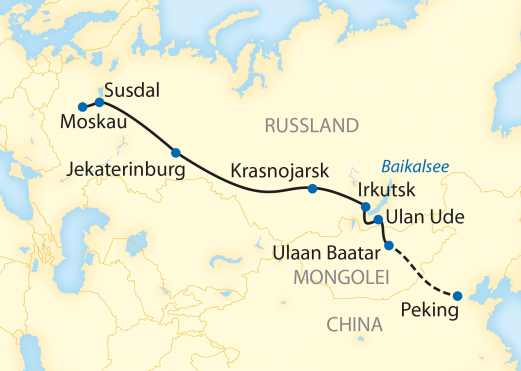 Reiseroute: 13-/16-tägige Sonderzugreise durch Russland und die Mongolei mit 3-tägiger Verlängerungsreise nach China