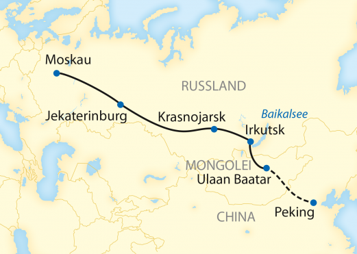 Reiseroute: 13-/16-tägige Zug-Erlebnisreise durch Russland und die Mongolei mit Verlängerungsreise nach China