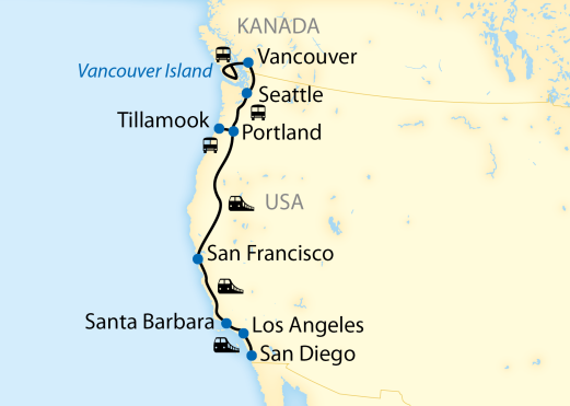 Reiseroute: 14-tägige Zug-Erlebnisreise entlang der US-amerikanischen und kanadischen Westku?ste