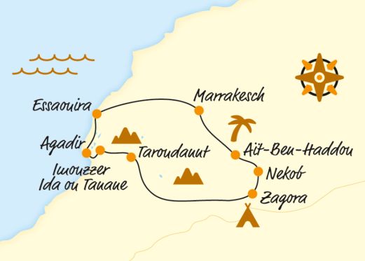 Reiseroute: Marrakesch, Ait Benhaddou, Tansikhte, Tissint, Taroudant, Essaouira. Reiseroute: Marrakesch, Ait Benhaddou, Tansikhte, Tissint, Taroudant, Essaouira.