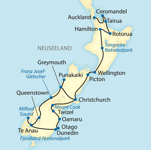 Reiseroute: 21-tägige Zug-Erlebnisreise mit Zugfahrten auf Neuseelands Nord- und Südinsel