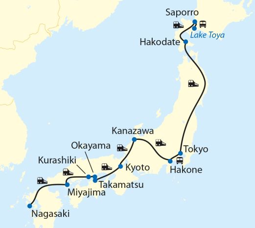 Reiseverlauf: 16-tägige Zug-Erlebnisreise über Japans vier Hauptinseln Reiseverlauf: 16-tägige Zug-Erlebnisreise über Japans vier Hauptinseln