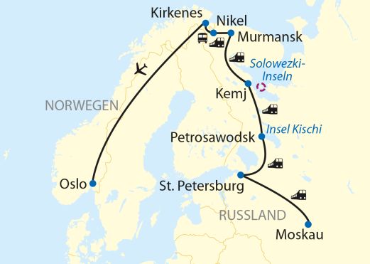 Reiseverlauf: 11-tägige Sonderzugreise ab Moskau über St. Petersburg nach Murmansk bis Oslo Reiseverlauf: 11-tägige Sonderzugreise ab Moskau über St. Petersburg nach Murmansk bis Oslo