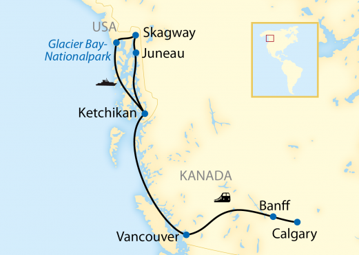Reiseroute: 14-tägige Kreuzfahrt per Zug und Schiff durch Kanada und Alaska