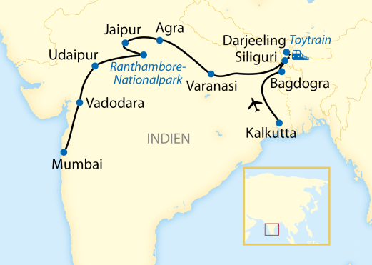 Verlauf Ihrer Indien-Reise: 15-tägige Erlebnisreise mit 8-tägiger Fahrt im legendären Luxus-Zug Deccan Odyssey